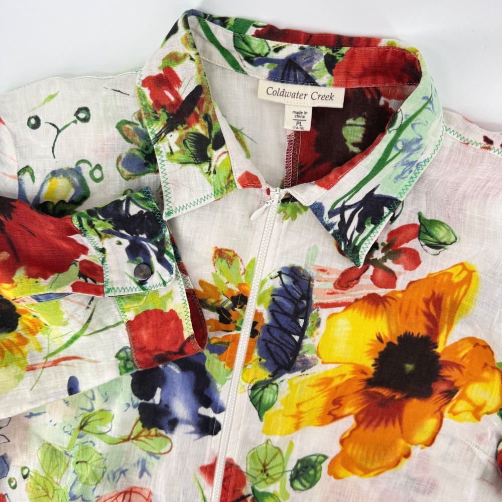 Coldwater Creek Linen Jacket Petite Large White Floral Zip Front 3/4 Sleev Artsy